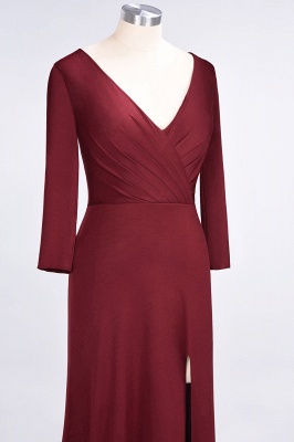 Sexy A-line Spandex Alluring V-neck Long-Sleeves Side-Slit Floor-Length Bridesmaid Dress UK UK with Ruffles_5