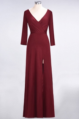 Sexy A-line Spandex Alluring V-neck Long-Sleeves Side-Slit Floor-Length Bridesmaid Dress UK UK with Ruffles_1
