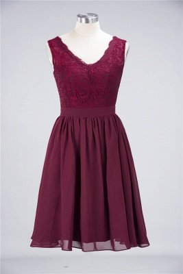 Sexy A-line Flowy Lace Alluring V-neck Sleeveless Short length Bridesmaid Dress UK UK with Ruffles_1