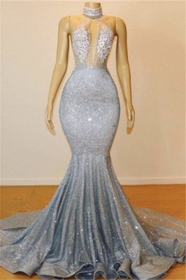 Elegant Hot Elegant Mermaid Halter Sleeveless Sweep Train Long Prom Dress UK UK_1