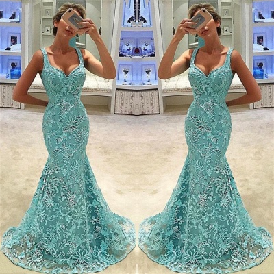 Elegant Mermaid Straps Appliques Sleeveless Long Prom Dress UK_3