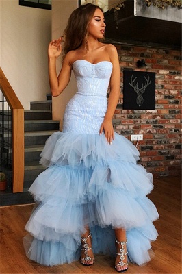 Elegant Mermaid Tulle Layers Strapless Sleeveless High-Low Prom Dress UK_4