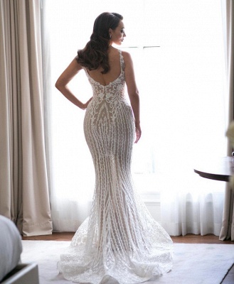 Elegant Spaghetti Straps Sleeveless Sexy Mermaid Appliques Wedding Dress_4