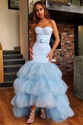 Elegant Mermaid Tulle Layers Strapless Sleeveless High-Low Prom Dress UK_1