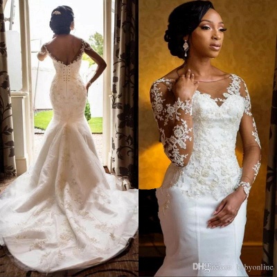 Fashion Long Sleeves Appliques Sexy Mermaid Round Neck Wedding Dress_3