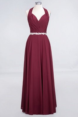 A-Line Chiffon Halter V-Neck Sleeveless Ruffle Long Bridesmaid Dress UK with Appliques Sashes_1