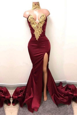 Burgundy Lace-Appliques Elegant Mermaid High-Neck Front-Split Prom Dress UK SP0326_1