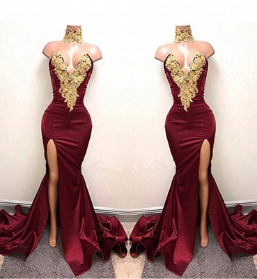 Burgundy Lace-Appliques Elegant Mermaid High-Neck Front-Split Prom Dress UK SP0326_2