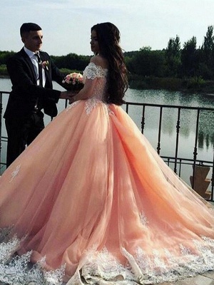 Timeless Off-the-Shoulder Appliques Ball Gown Tulle Sweep Train Prom Dress UKes UK UK_3