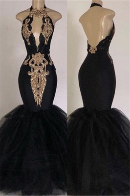 Elegant Backless Prom Dress UKes UK UK Affordable with Gold Appliques | Elegant Mermaid Halter Evening Dress UK UK with Keyhole_1