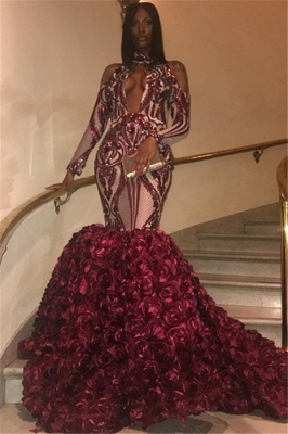 Elegant Burgundy Maroon High Neck Long Sleeves Flower Applique Elegant Mermaid Prom Dress UKes UK UK_1