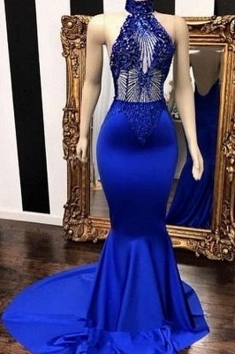 Royal Blue Halter Sleeveless Lace Beading Elegant Trumpt Long Prom Dress UKes UK UK_1