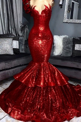 Shining Hot red Elegant Mermaid Prom Dress UK with Ruffles | Sexy Evening Gowns with shining details_1