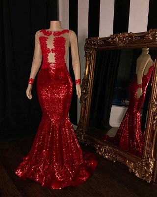 Long Sleeves Sequins Elegant Trumpt Prom Gowns | Simple Sheer Tulle Red Long Evening Dress UK_2
