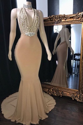 Champagne Crystal Halter Elegant Trumpt Long Prom Dress UKes UK UK | Elegant V-Neck Sleeveless Evening Dress UKes UK_1