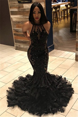Sexy Timeless Black Elegant Mermaid Halter Sleeveless Open Back Applique Prom Dress UKes UK UK_1