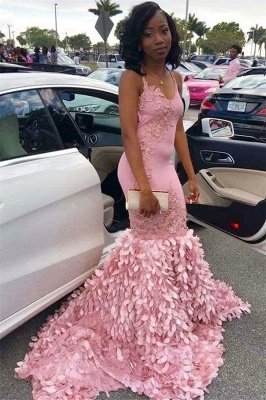 Pink Elegant Mermaid Spaghetti Straps Sleeveless Lace Appliques Sexy Prom Dress UKes UK UK_1