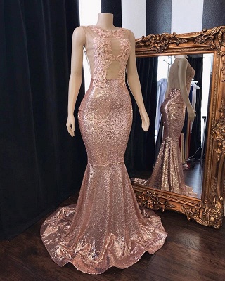 Sweet Pink Sequins Lace Appliques Elegant Trumpt Prom Dress UKes UK UK | Sleeveless Sheer Tulle Evening Dress UKes UK_2