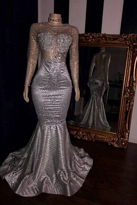 Sexy Lace Appliques Sheer Tulle Prom Dress UKes UK UK | Sliver Long Sleeves Elegant Trumpt Evening Dress UKes UK_1
