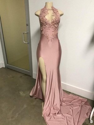 Pink Sleeveless Front Slit Appliqued Long Elegant Mermaid Prom Dress UKes UK UK_2