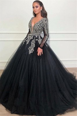 Timeless Black Ball Gown Seductive Deep Sexy V-Neck Long Sleeves Lace Appliques Overskirt Affordable Evening Dress UKes UK UK_1