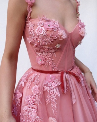 Pink Luxury A-line Spaghetti Tulle Flower Applique Prom Dress UKes UK UK_3