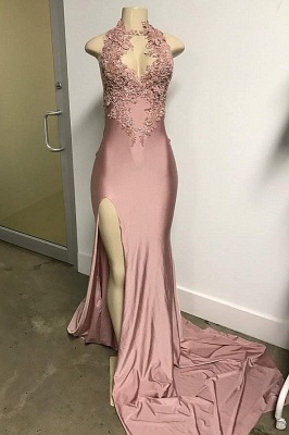Pink Sleeveless Front Slit Appliqued Long Elegant Mermaid Prom Dress UKes UK UK_1