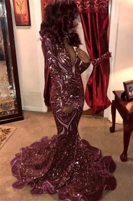 Amazing Seductive Deep Sexy V-Neck Long Sleeves Gold Lace Appliques Elegant Mermaid Prom Dress UKes UK UK_1