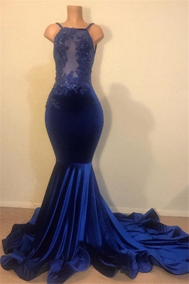 Elegant Hot Mermaid Spahgetti-Straps Backless Velvet Applique Prom Dress UK_3