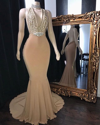 Champagne Crystal Halter Elegant Trumpt Long Prom Dress UKes UK UK | Elegant V-Neck Sleeveless Evening Dress UKes UK_2