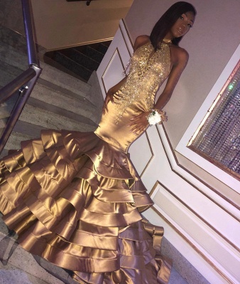Amazing Gold Elegant Mermaid High Neck Sleeveless Ruffles Sparkly Crystal Prom Dress UKes UK UK_2