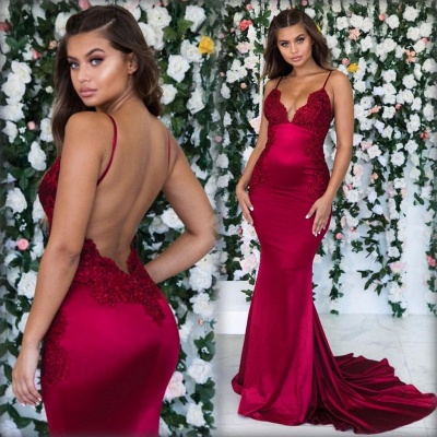 Wine Red Maroon Sleeveless Elegant Trumpt Backless Prom Dress UKes UK UK | Sexy Spaghetti-Straps Lace Appliques Evening Dress UKes UK_3