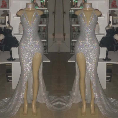 V-neck Sequins Elegant Trumpt Front Slit Floor Length Prom Dress UKes UK UK_2