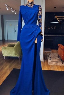Royal Blue High Neck Side Slit Elegant Trumpt Prom Dress UKes UK UK | Sexy Long Sleeves Lace Appliques Evening Dress UKes UK_1