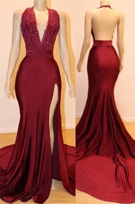 Elegant Backless Burgundy Maroon Prom Dress UKes UK UK with Slit | Sexy V-Neck Halter Affordable Evening Gowns with Court Train_1