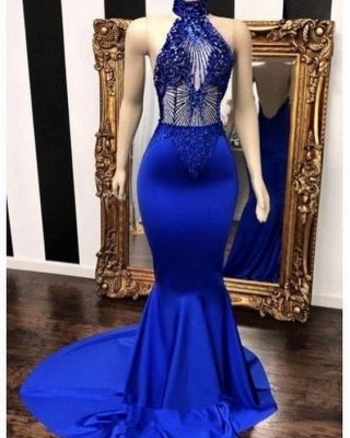 Royal Blue Halter Sleeveless Lace Beading Elegant Trumpt Long Prom Dress UKes UK UK_2