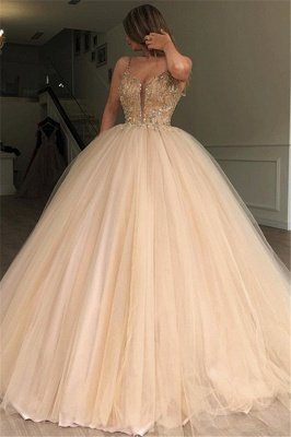 Sexy Ball Gown Spaghetti Straps Sleeveless Beads Champagne Bridal Gowns_1