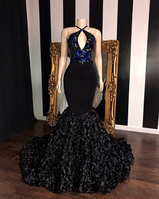 Timeless black Sleeveless Florals Elegant Trumpt Prom Dress UKes UK UK | Sexy Halter Sequins Lace Appliques Evening Dress UKes UK_2