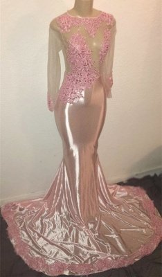 Pink Elegant Mermaid with Sleeves Sheer Tulle Applique Prom Dress UK_1