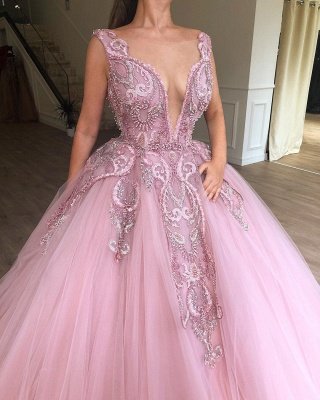 Amazing Pink Ball Gown Seductive Deep Sexy V-Neck Sleeveless Applique Affordable Evening Dress UKes UK UK_2