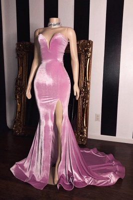 Sweet Pink Velvet StraplessProm Dress UKes UK UK | Sexy Side Slit Elegant Trumpt Long Evening Dress UKes UK_1