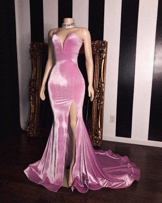 Sweet Pink Velvet StraplessProm Dress UKes UK UK | Sexy Side Slit Elegant Trumpt Long Evening Dress UKes UK_2