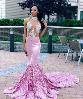 Elegant Pink Elegant Mermaid High Neck Sleeveless Sheer Tulle Applique Prom Dress UKes UK UK_2
