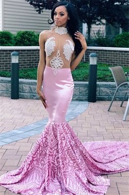 Elegant Pink Elegant Mermaid High Neck Sleeveless Sheer Tulle Applique Prom Dress UKes UK UK_1