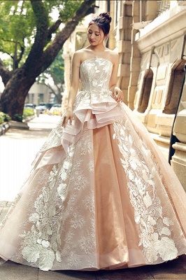 Applique Organza Strapless Ball Gown Sweep Train Prom Dress UK UK_2