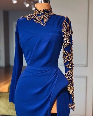 Royal Blue High Neck Side Slit Elegant Trumpt Prom Dress UKes UK UK | Sexy Long Sleeves Lace Appliques Evening Dress UKes UK_2