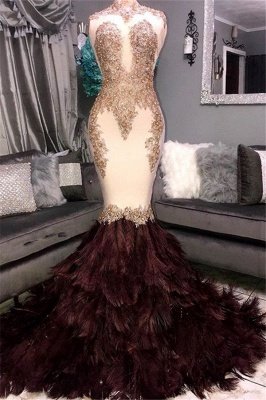 Luxury Elegant Mermaid High Neck Sleeveless Fur Lace Appliques Prom Dress UKes UK UK_1