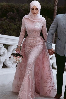Sweet Pink Detachable Long-Sleeves Prom Dress UKes UK UK | Sexy Lace Appliques Lace Elegant Trumpt Evening Dress UKes UK_3