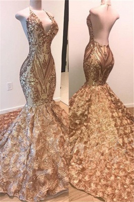 Simple Gold Sequins Sleeveless Prom Dress UK | Shiny Elegant Trumpt Evening Dress UKes UK With Florals Bottom_1