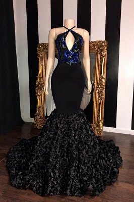 Timeless black Sleeveless Florals Elegant Trumpt Prom Dress UKes UK UK | Sexy Halter Sequins Lace Appliques Evening Dress UKes UK_1